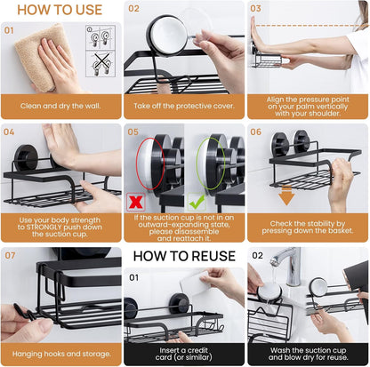LEVERLOC Shower Caddy Suction Cup, 2 Pack Black Shower Shelf with Hooks and Soap Holder, NO-Drilling Bathroom Organizer, Rustproof Metal Bathroom Storage and Organization
