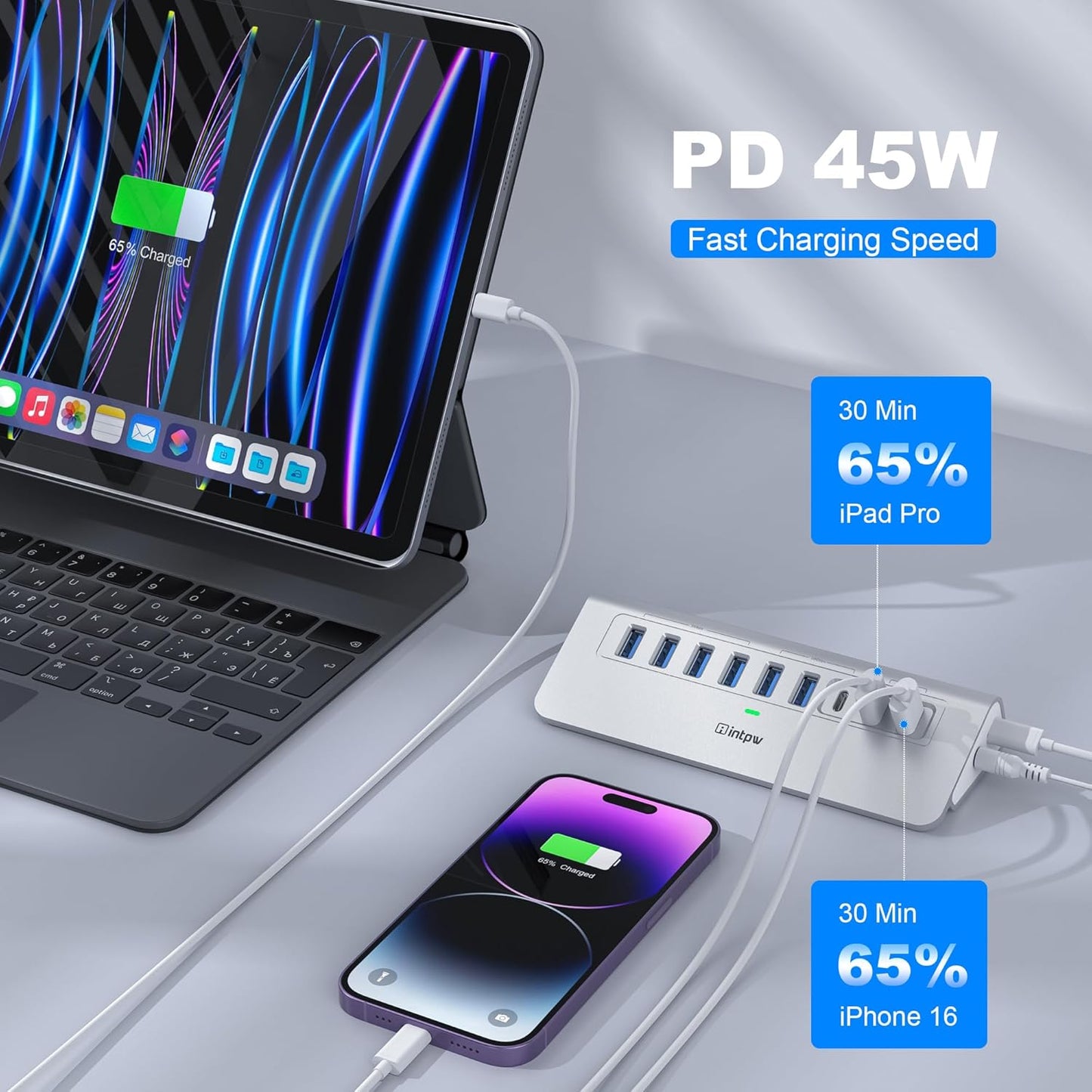 Powered USB Hub, Intpw 9-Port USB 3.2/USB C Hub with 10Gbps, 5*USB 3.0 + 45W PD Charging Ports, 3.3FT Cable and 65W Power Adapter, Aluminum USB Extender Hub for iphone16/ipad/Macbook/Laptop,PC