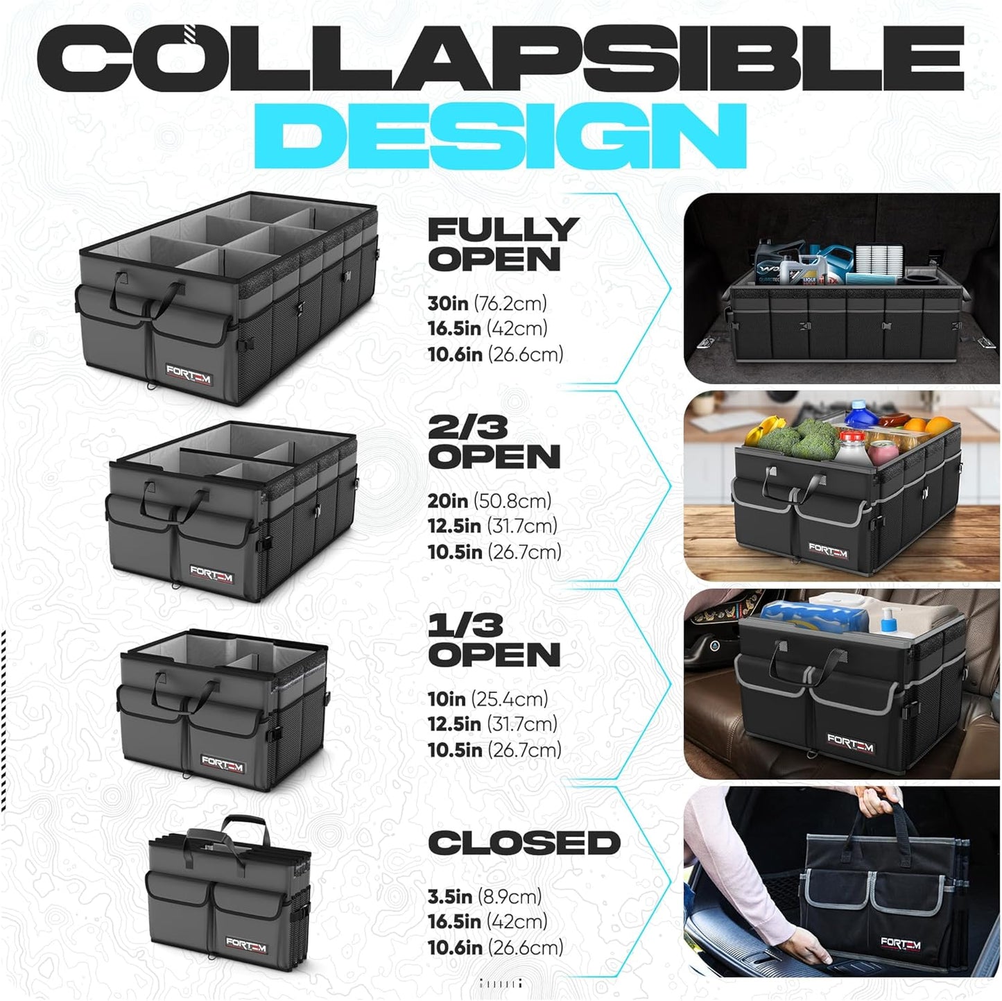 FORTEM Car Trunk Organizer, Collapsible Multi Compartment Car Organizer, Foldable SUV Storage for Car Accessories for Women Men, Non Slip Bottom, Securing Straps, Soft Cover 50L (Black, Standard)