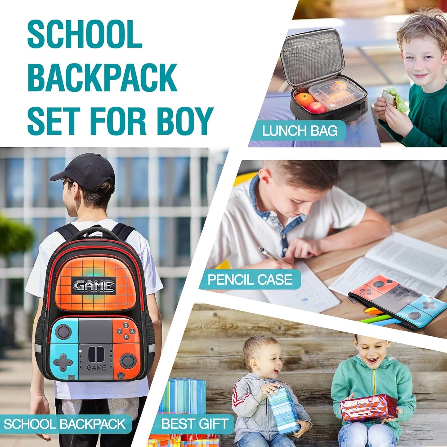 School Backpack for Boys,Gamer Kids Backpack for Elementary Middle School Student Age 6-14,17″ Video Game Bookbag for Laptop