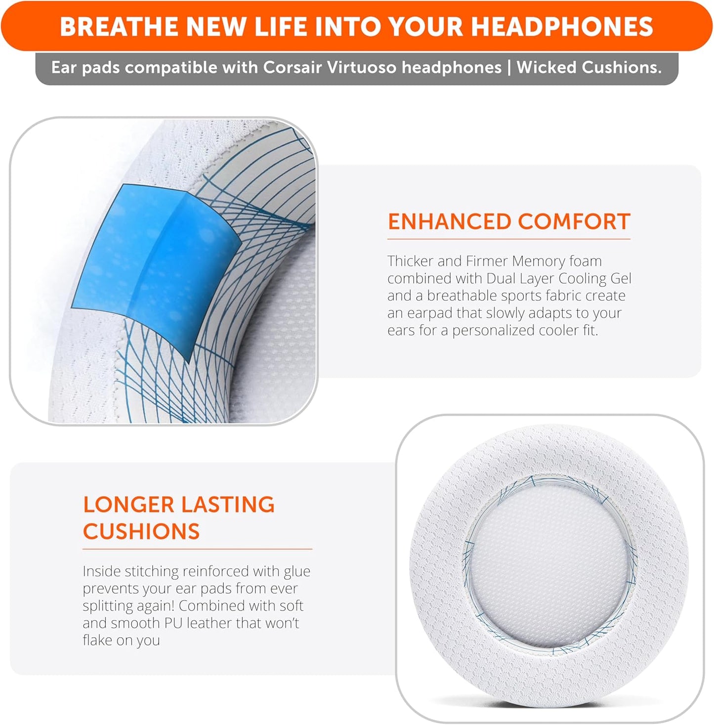 WC Freeze Virtuoso - Hybrid Fabric Cooling Gel Replacement Earpads for Corsair Virtuoso Gaming Headset, Made by Wicked Cushions, Improved Durability, Thickness and Sound Isolation | 90s White