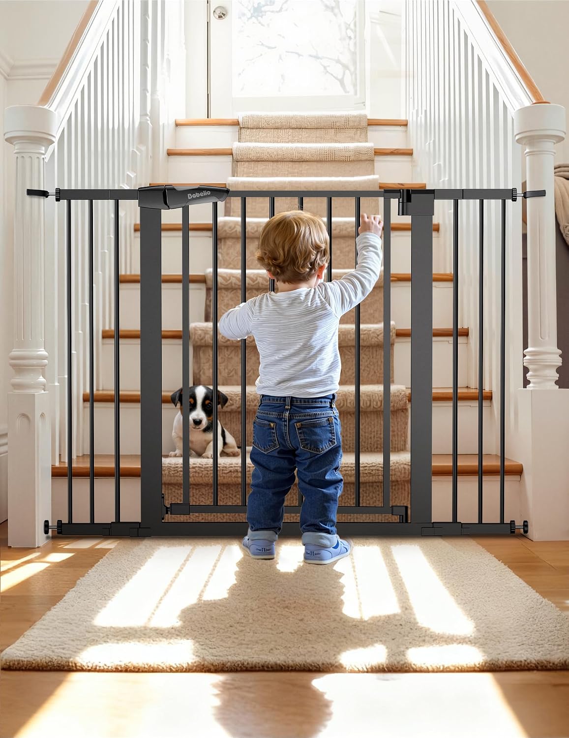 Babelio Metal Baby Gate, 29-48'' Auto Close Easy Install Pet Gate, Extra Wide Walk Thru Child Safety Gate, Pressure Mounted Dog Gate for Doorways & Stairs, with Y Spindle Rods