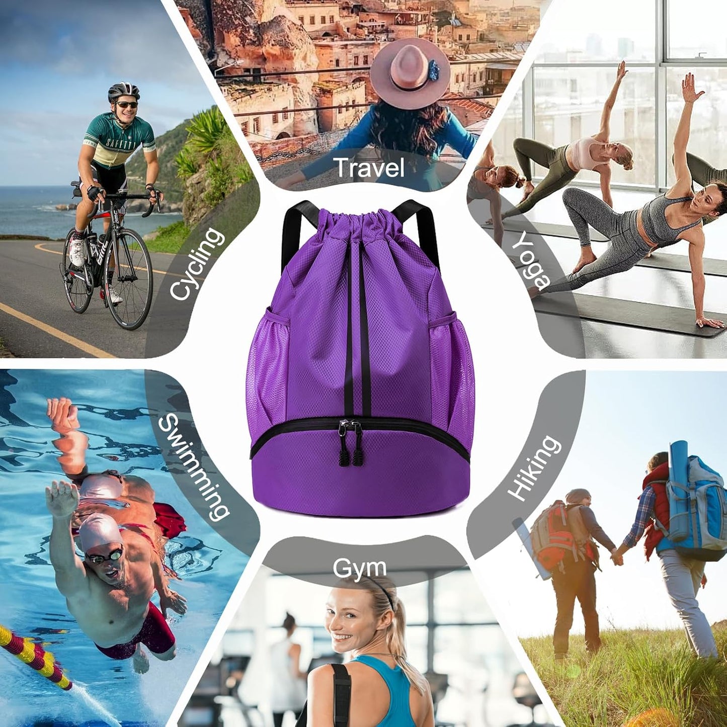 Hoedia Sports Drawstring Backpack - String Swim Gym Bag with Shoes Compartment and Wet Proof Pocket for Women/Men