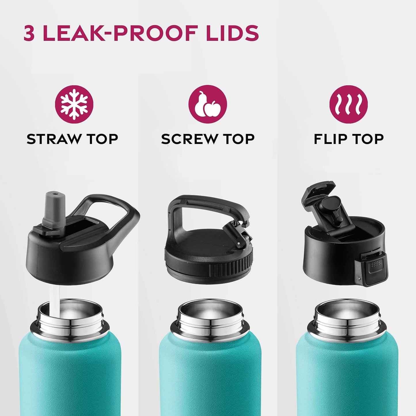 FineDine Water Bottle - Stainless Steel Insulated Water Bottle with Straw Lid, Flip Lid & Wide-Mouth Cap - Keeps Hot and Cold - 25 Oz / 739ml - Pure Pearly White