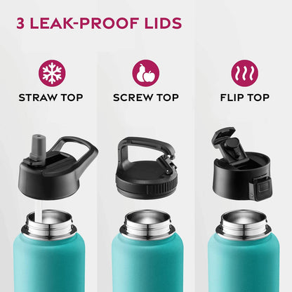 FineDine Water Bottle - Stainless Steel Insulated Water Bottle with Straw Lid, Flip Lid & Wide-Mouth Cap - Keeps Hot and Cold - 25 Oz / 739ml - Pure Pearly White