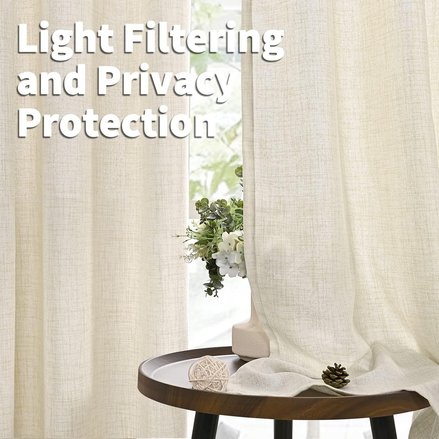 YoungsTex Natural Linen Curtains 84 Inch Long for Living Room Bedroom Grommet Top Light Filtering Privacy Linen Textured Window Semi Sheer Drapes, 2 Panels, 52x84 Inch, Natural