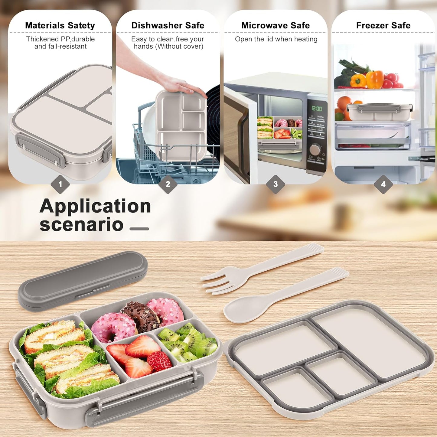 Amathley Lunch Box Kids,Bento Box Adult Lunch Box,Leakproof Lunch Containers for Adults/Kids/Toddler,1200ML-4 Compartments bento Lunch box with Utensil,Microwave & Dishwasher Safe(Dark Gray)
