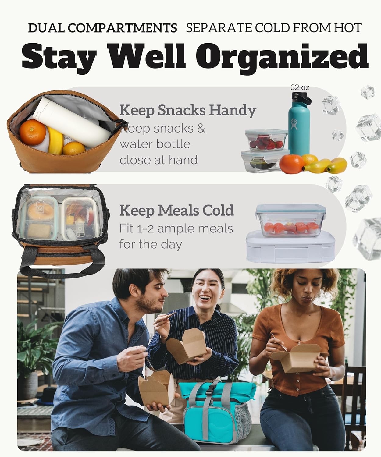 SUNNY BIRD Dual Compartment Lunch Bag Insulated Lunch Box for Women and Men (Green with Boho Strap)