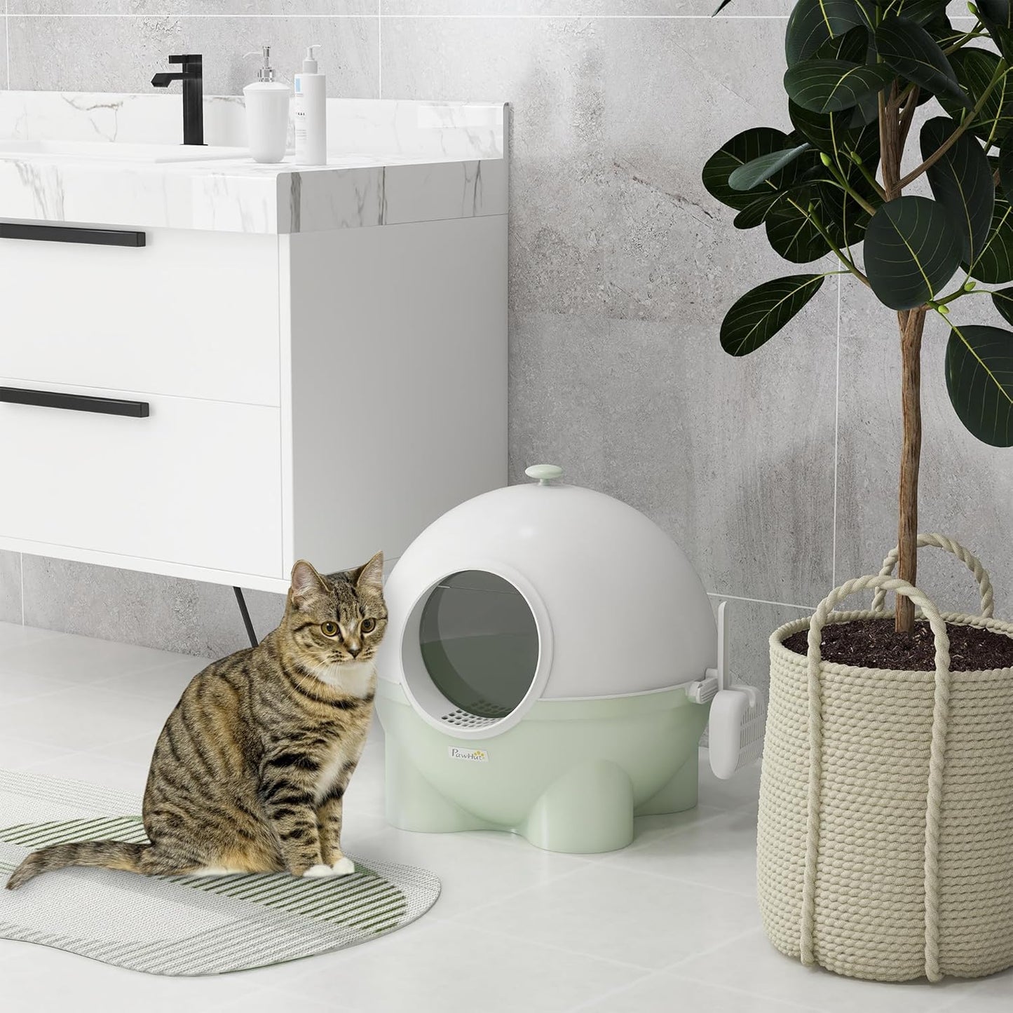PawHut Cat Litter Box with Lid, Enclosed Kitty Litter Box with Scoop, Leaking Sand Pedal, Top Handle, Pink