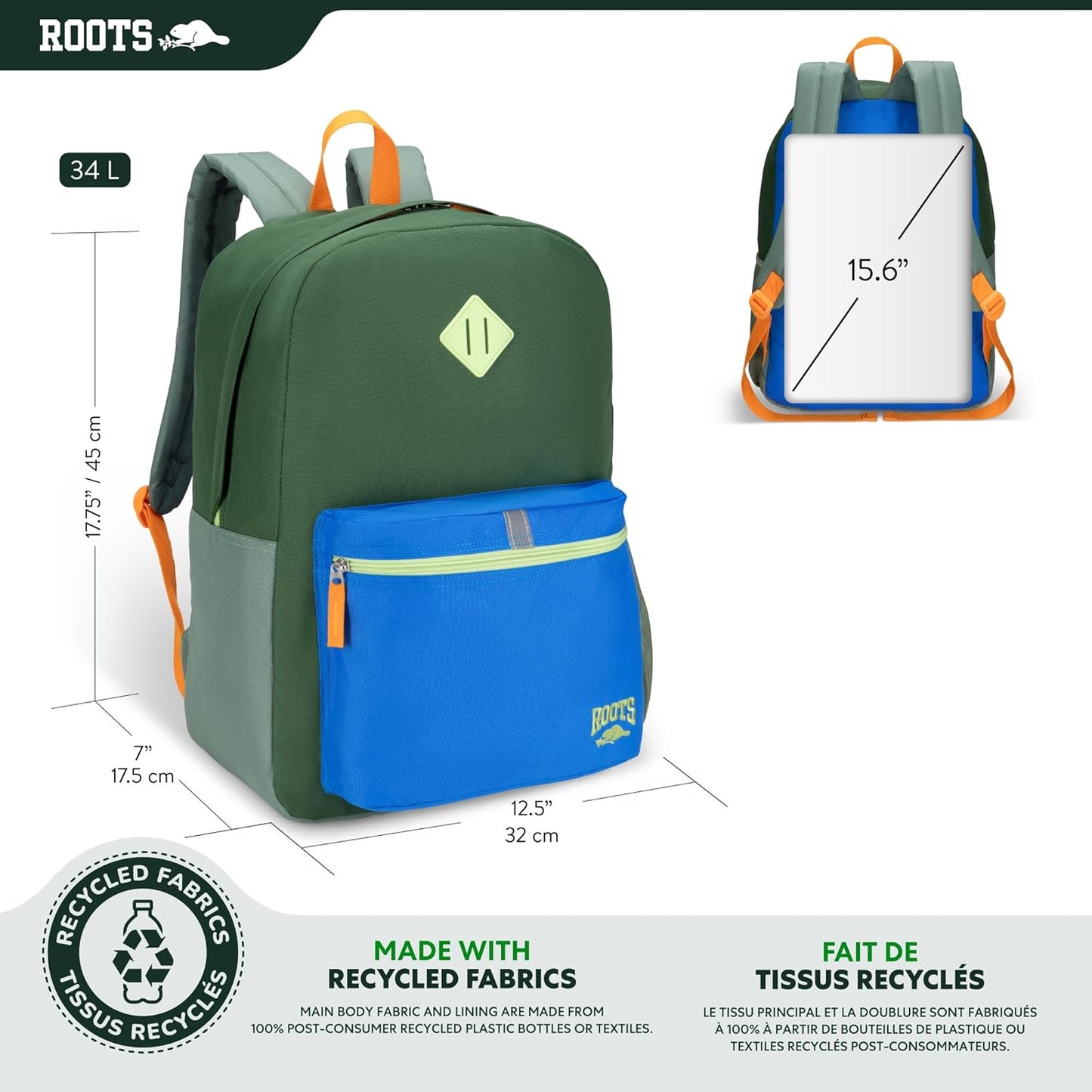 Roots Teen Lightweight Backpack — Made from Recycled Polyester with 15.6" Laptop Compartment, Rain Flap, Bottle Pocket, Reflective Accent, and Back Padding — 34L, Black