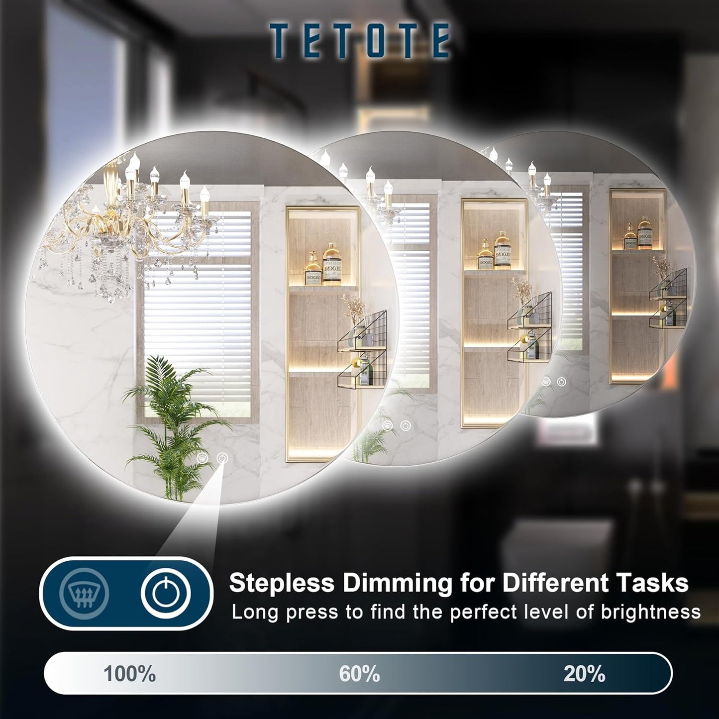 TETOTE 28 Inch Round LED Bathroom Vanity Mirror, Anti-Fog Dimmable Lights IP54 Waterproof Circle Makeup Wall Mounted Mirror