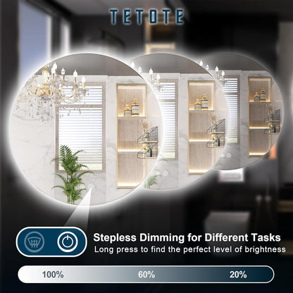 TETOTE 28 Inch Round LED Bathroom Vanity Mirror, Anti-Fog Dimmable Lights IP54 Waterproof Circle Makeup Wall Mounted Mirror