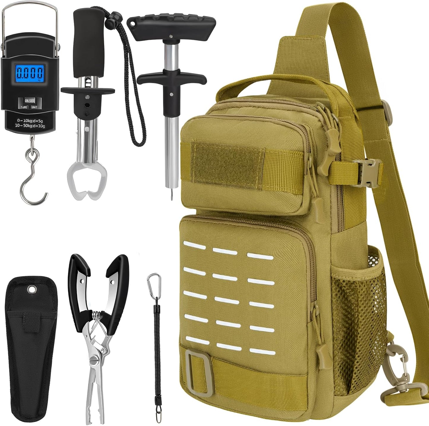 THKFISH 7 Pcs Fishing Tool Kit, Fishing Backpack with Fishing Pliers Tackle Kits, Fish Hook Remover Tools, Fish Plier with Sheath and Tool Lanyards, Digital Fishing Weight Scale