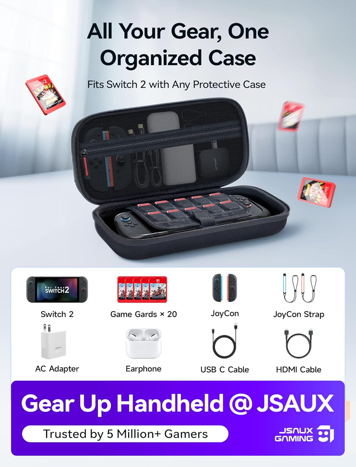 JSAUX Carrying for Nintendo Switch 2 2025, Hard Shell Travel Case with 20 Game Card Slots, Large Accessory Pocket for Joy-Con, Charger, Cables, Stylish Protective Bag for Switch 2, Black
