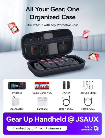 JSAUX Carrying for Nintendo Switch 2 2025, Hard Shell Travel Case with 20 Game Card Slots, Large Accessory Pocket for Joy-Con, Charger, Cables, Stylish Protective Bag for Switch 2, Black
