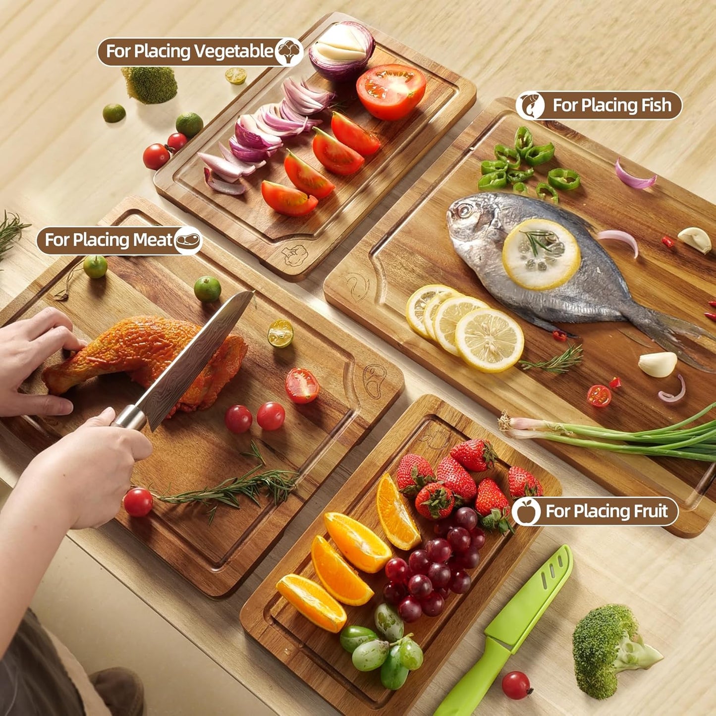Bamboo Cutting Board Set of 3, Cutting Boards for Kitchen with Juice Groove, Bamboo Chopping Board Set, Serving Board Set for Meat, Fruit Vegetable and Cheese