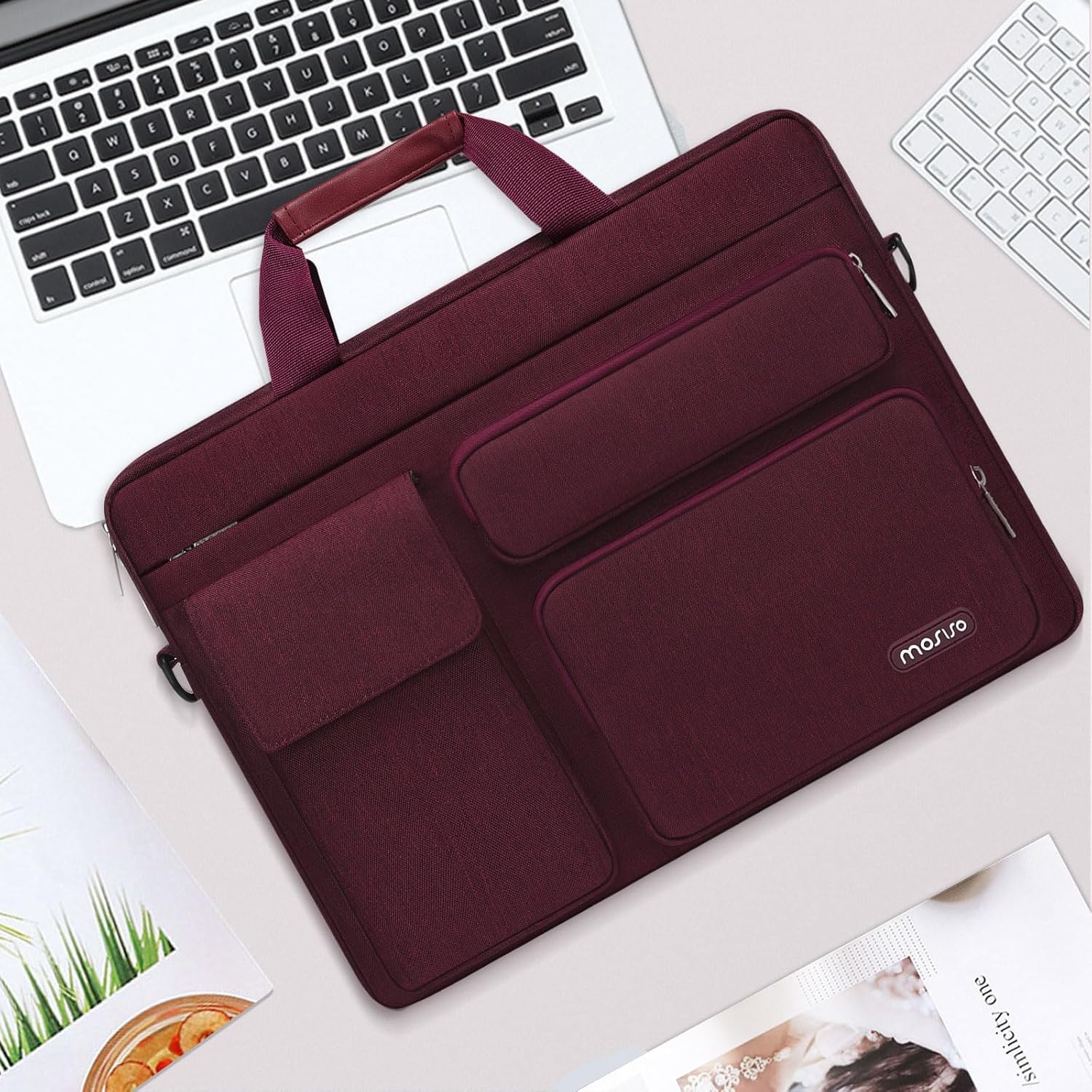 MOSISO Laptop Bag 16 inch, 15-15.6 inch Computer Shoulder Bag Compatible with MacBook Air 15 M4 M3 M2/Pro 16 M4 M3 M2 M1, Notebook &2 Raised&1 Flapover&1 Horizontal Pocket&Handle&Belt, Pink - PuriLite