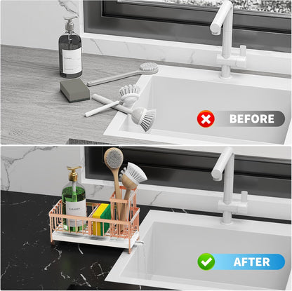 Cisily Sponge Holder for Kitchen Sink, Sink Caddy with High Brush Holder, Organzier Rustproof 304 Stainless Steel Dish Organizer Divider, Soap Dispenser Storage (Black)