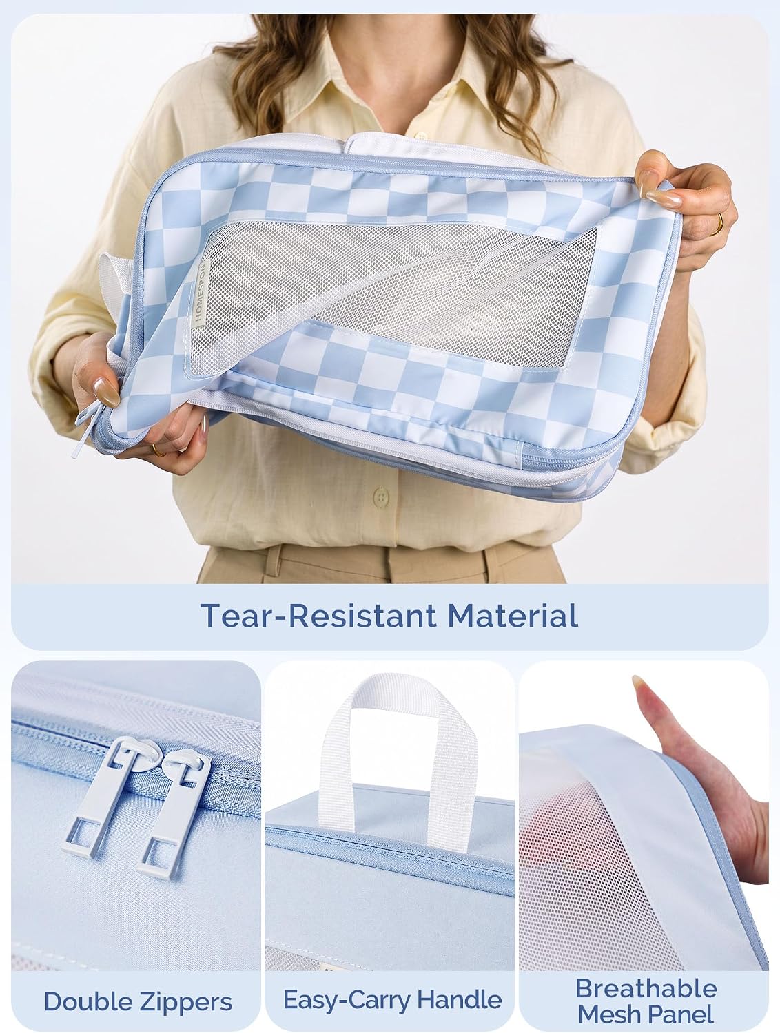 HOMESPON 7 Pcs Compression Packing Cubes for Travel, Blue Checkerboard
