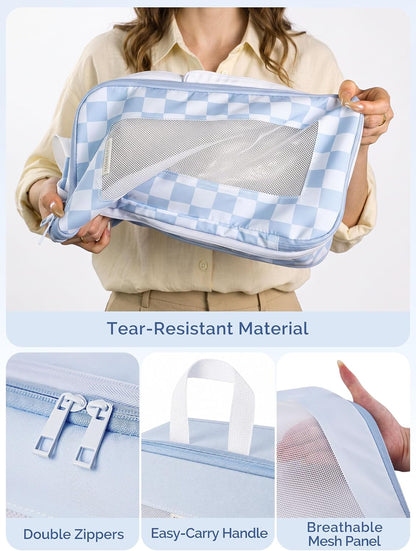 HOMESPON 7 Pcs Compression Packing Cubes for Travel, Blue Checkerboard