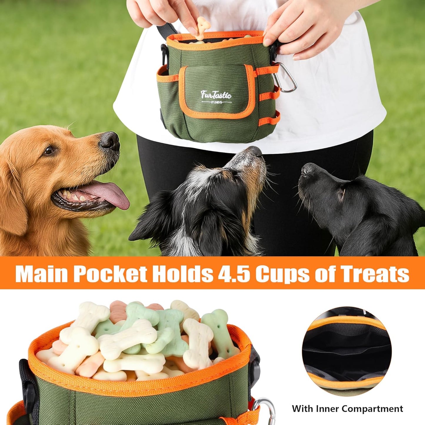 FurtasticFinds Dog Treat Pouch with Quick-Release Magnetic Closure, 3-Way Wear Treat Bags, 900D Waterproof Fabric, 4 Storage Spaces, Treat Pouch for Pet Training Walking (Grey)