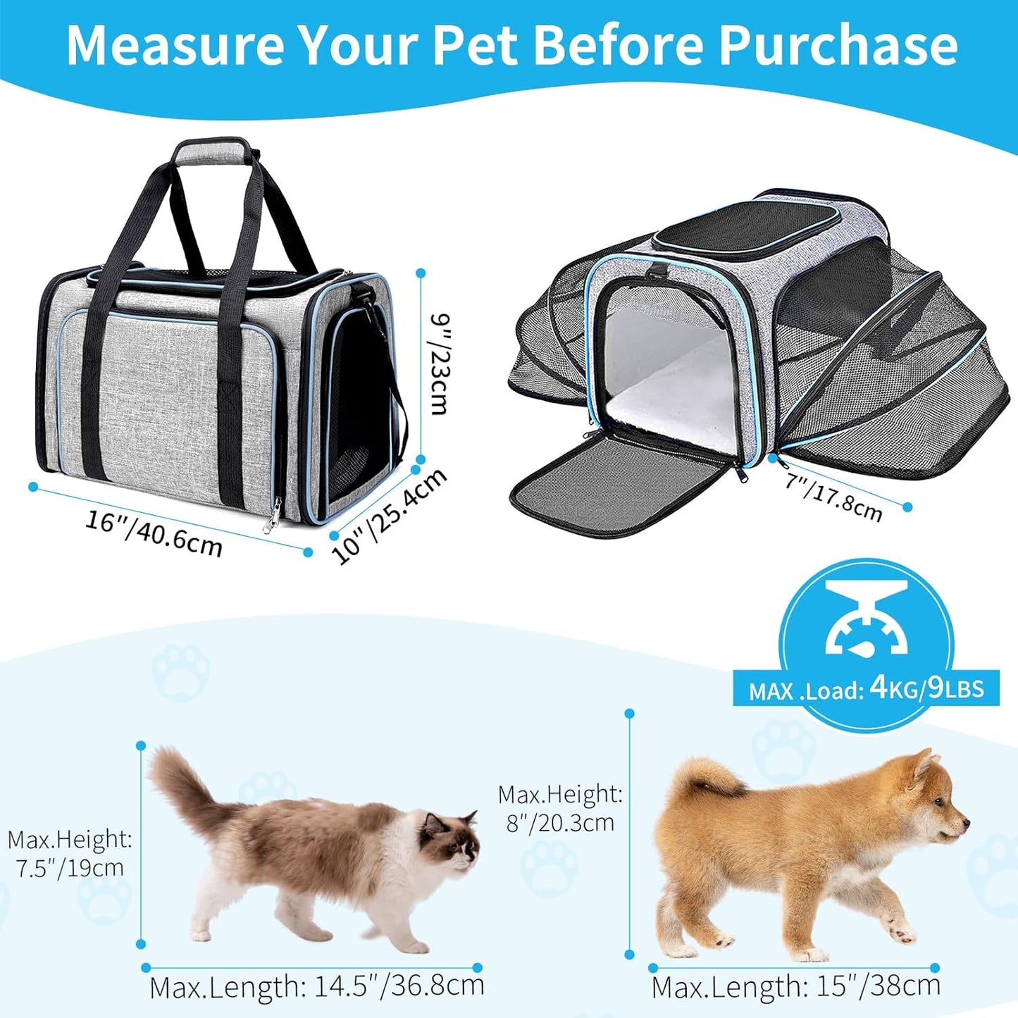 Expandable Cat Carrier,Pet Carrier Airline Approved 5-Side Ventilation Soft Cat Carrier Bag with Removable Fleece Pad and Shoulder Straps Fit Pets (40L x 25W x 25H cm)