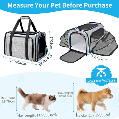 Expandable Cat Carrier,Pet Carrier Airline Approved 5-Side Ventilation Soft Cat Carrier Bag with Removable Fleece Pad and Shoulder Straps Fit Pets (40L x 25W x 25H cm)