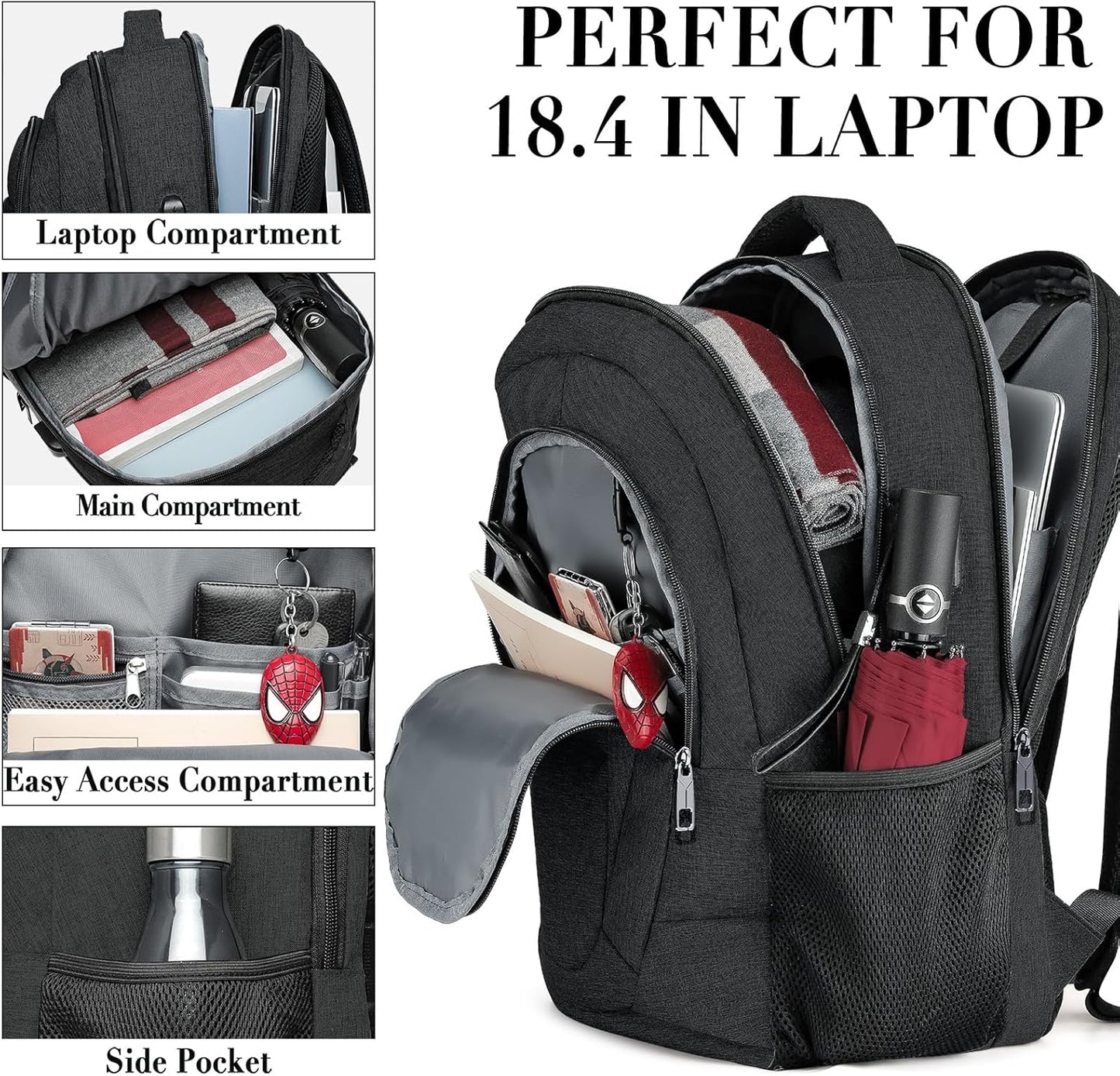 Backpack for Men and Women, School Backpacks for Teen Boys and Girls, Black Water Resistant Back Pack, Business Men Sturdy Computer Bag with USB Charging Port, Gifts