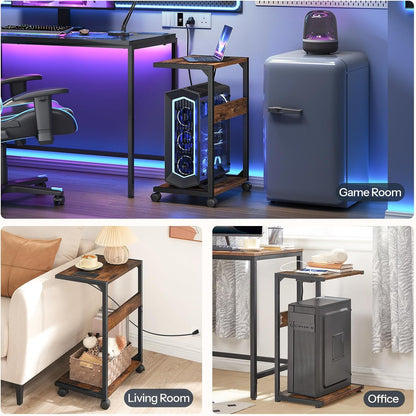 HOOBRO Computer Tower Stand, PC Stand with Charging Station, 2-Tier PC Tower Stand with Locking Caster Wheels, CPU Stand Fits Most PCs, for Floor, for Home Office Rustic Brown BF01UCJ01G1
