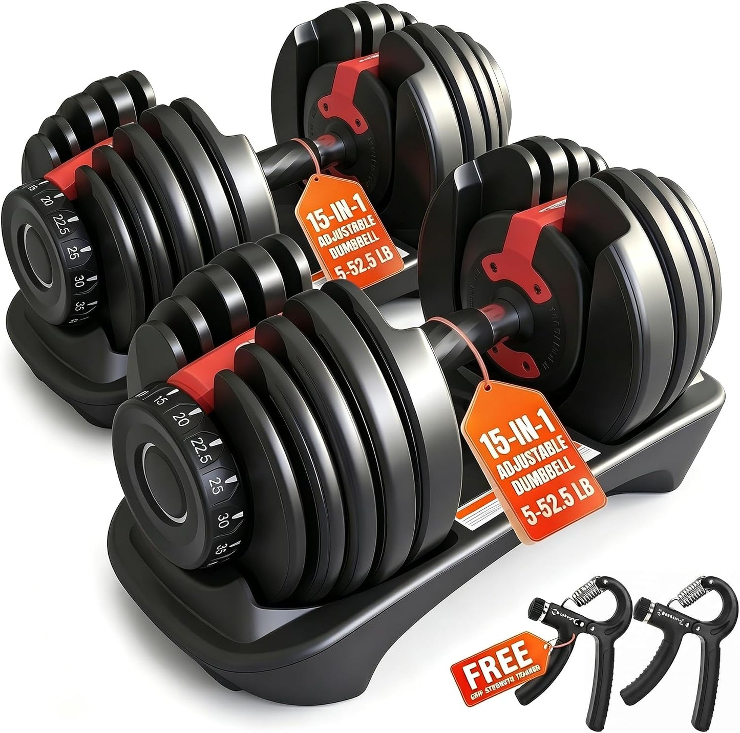 HAKENO 15 in 1 Adjustable Dumbbell 52.5lb with Fast Automatic Adjustable and Weight Plate for Body Workout Home Gym 52.5LB/24KG