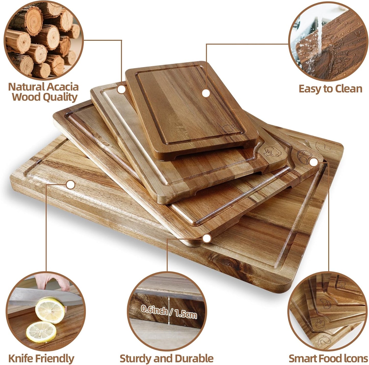 Bamboo Cutting Board for Kitchen, Bamboo Cutting Board Set of 3 with Juice Groove, Double-Sided Chopping Board Serving Board with Hanging Hole for Meat, Vegetables and Cheese
