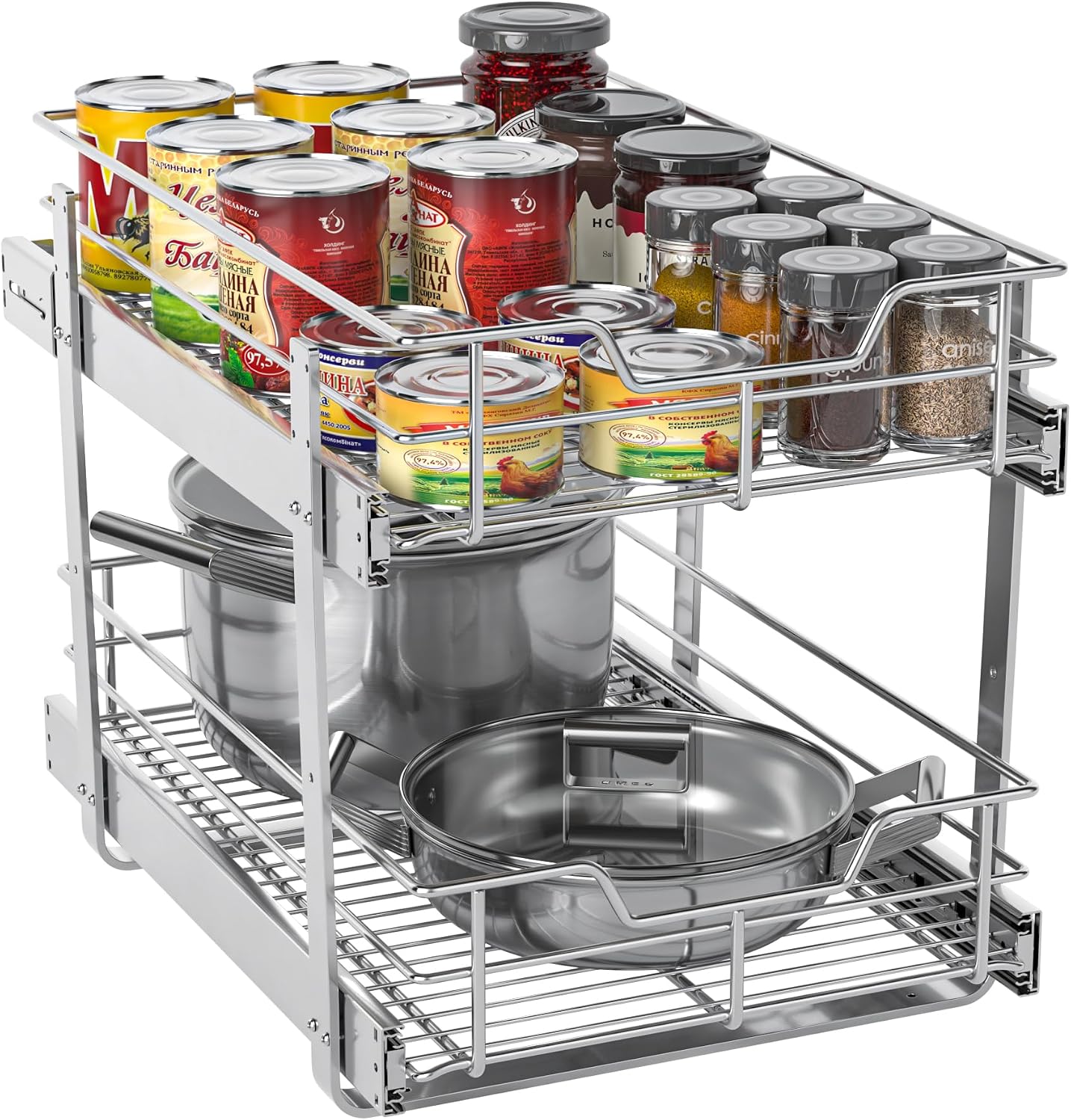 Pull Out Cabinet Organizer, Versatile Slide Out Kitchen Organizers and Storage, Heavy Duty Drawer Cupboard Storage Basket, Smooth Sliding, Chrome Finish (Outside Dimensions: 22.8”W x 21”D)