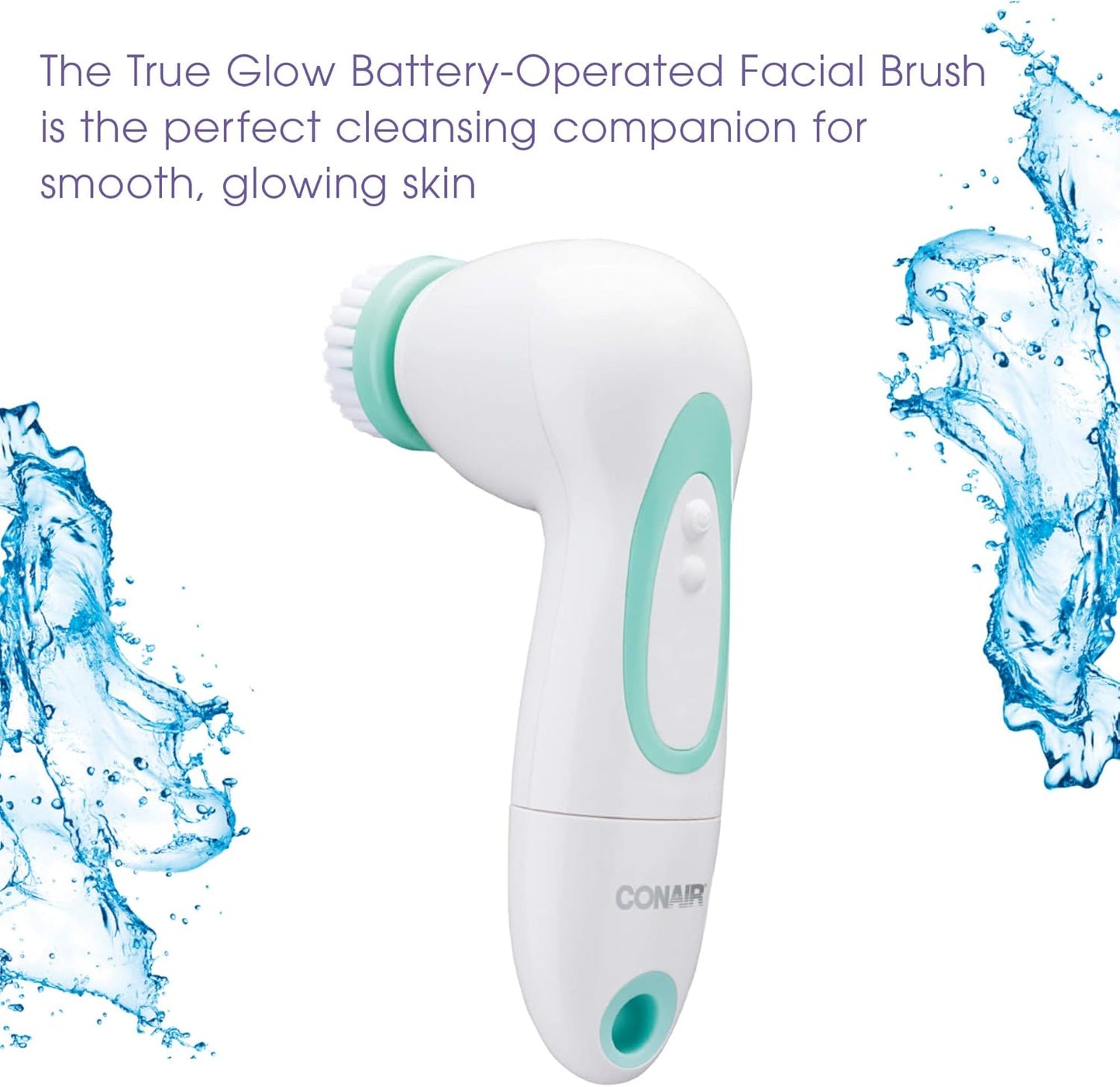 True Glow by Conair Battery Operated Facial Cleansing Brush, Water Resistant with 3 Brushes for cleansing + gentle exfoliating for all skin types, White