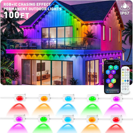100FT Permanent RGB+IC Eave Lights, IP67 Waterproof Outdoor LED Strip Lights, App & Remote Control, Music Sync, Dimmable Color Changing Lights for Christmas Halloween Holiday House Home Decor