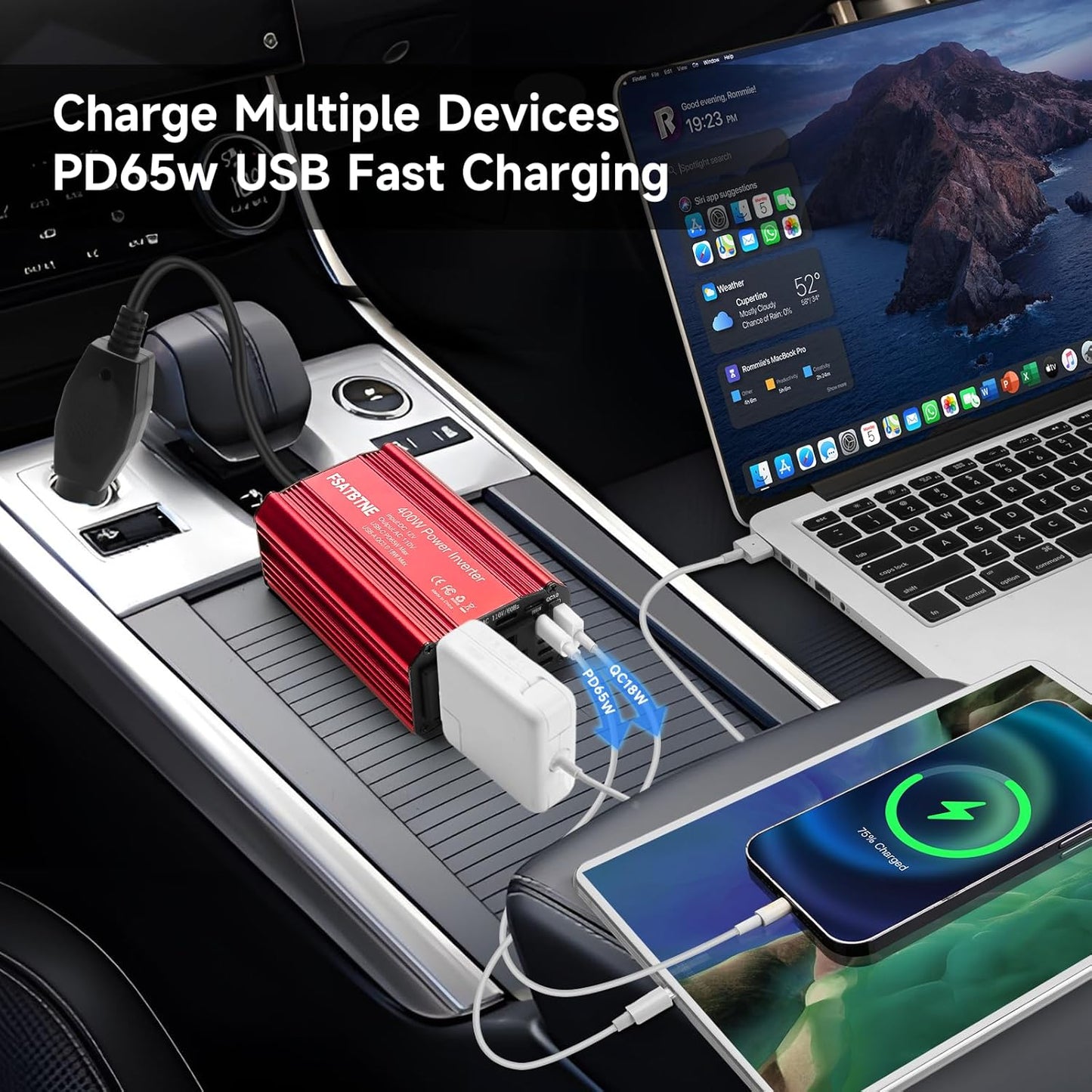 FSATBTNE 400W Power Inverter 12V DC to 110V AC Car Plug Adapter Outlet Converter with [65W PD USB-C] & [18W QC USB-A] Fast Charging Ports and 2 AC Outlets Car Power Inverters for Vehicles
