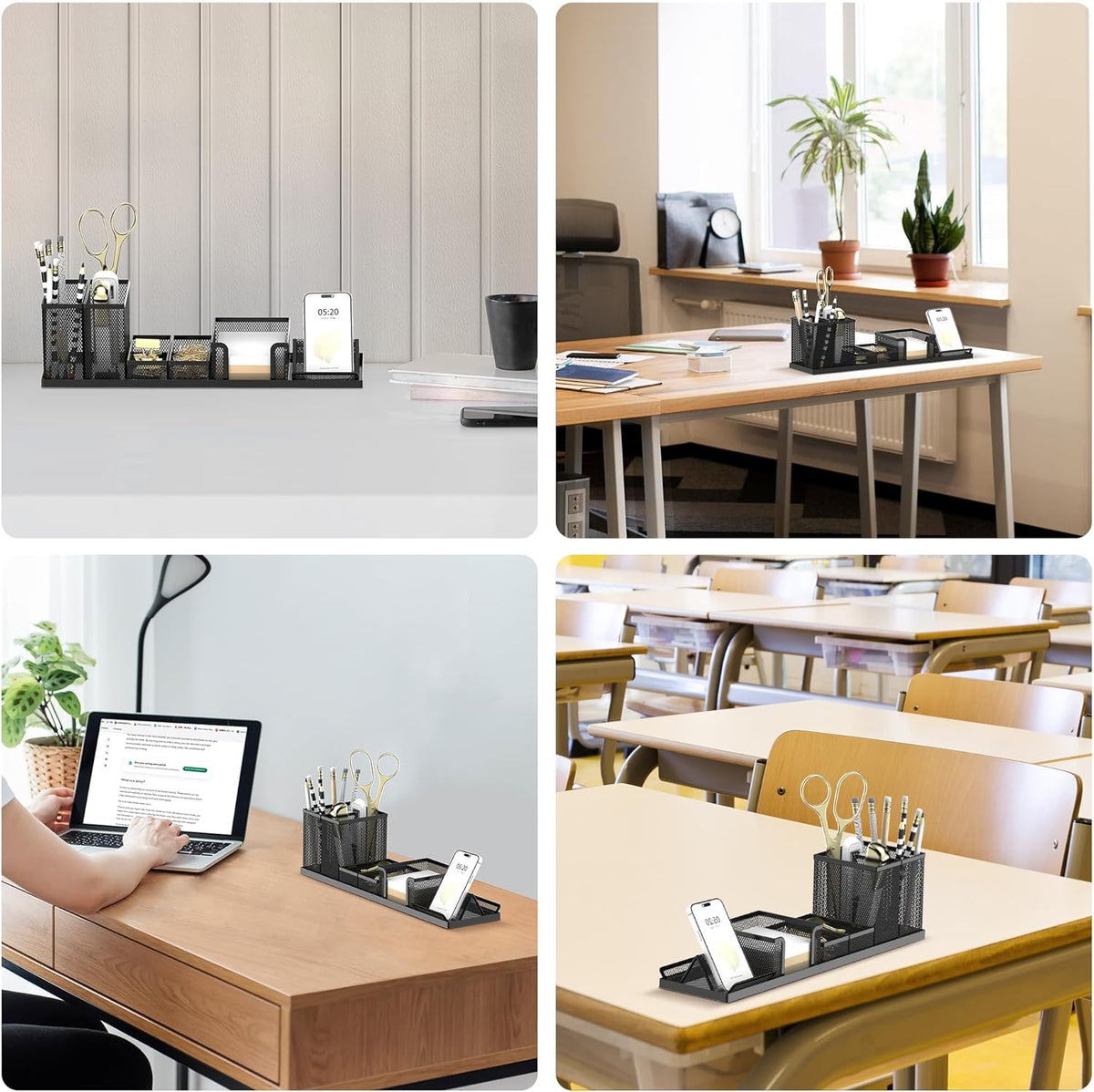 SUPEASY Desk Organizers and Accessories for Office Supplies Organization with 6 Compartments, Desk Organizer with Phone Holder, Pen Holder, Sticky Note Tray, Black