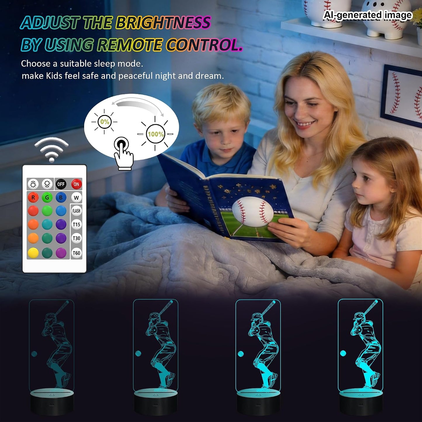 Baseball 3D Night Light, FULLOSUN Illusion Optical Bedside Lamp with Remote Control 16 Colors Changing, LED Cool Novelty Birthday Gift for Boy Kid Outdoor Sports Lover Collection Present