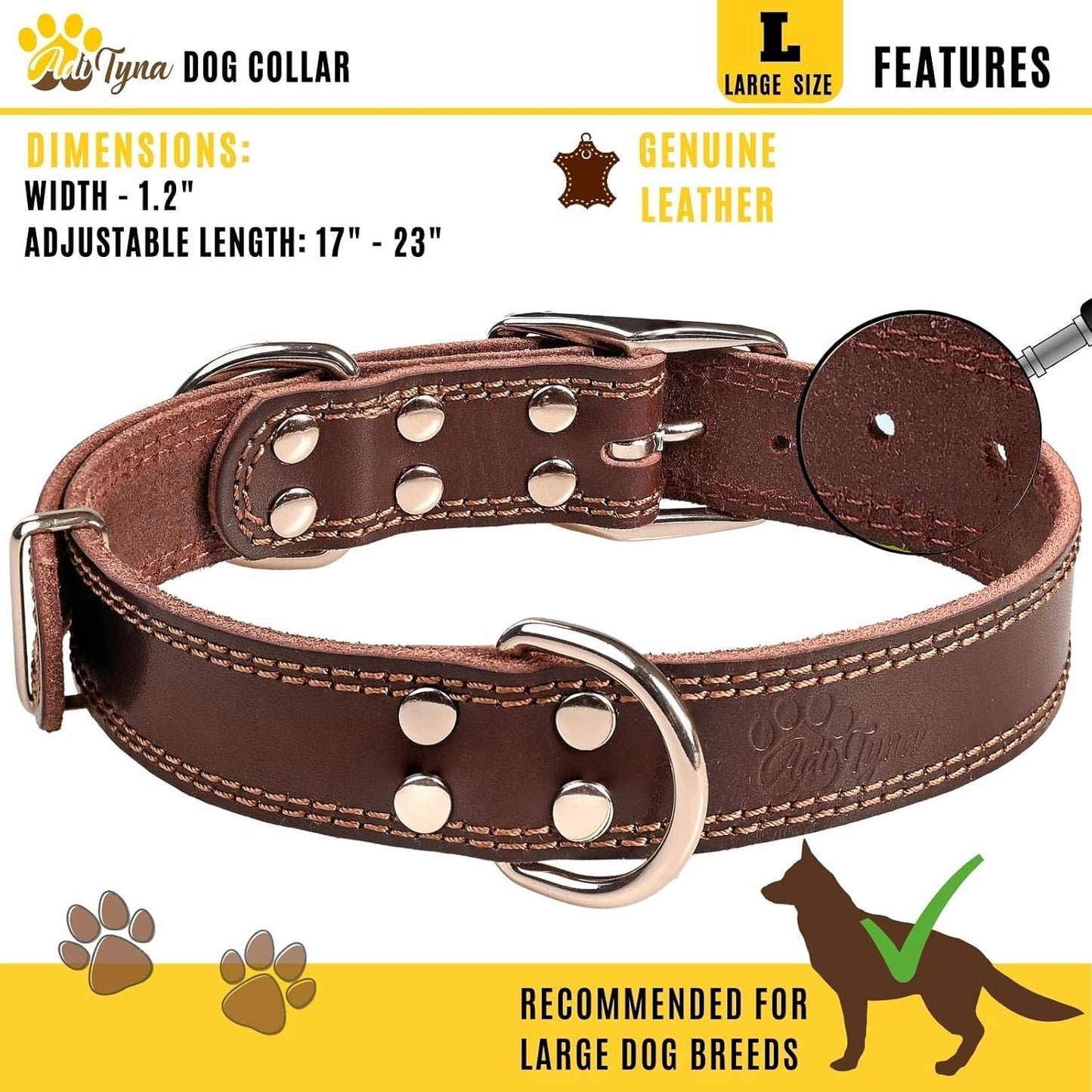 ADITYNA Heavy-Duty Leather Dog Collar for Medium Dogs - Soft and Strong, 100% Genuine Leather - Collier Pour Chien (Medium: Fit 13" - 20" Neck, Brown)
