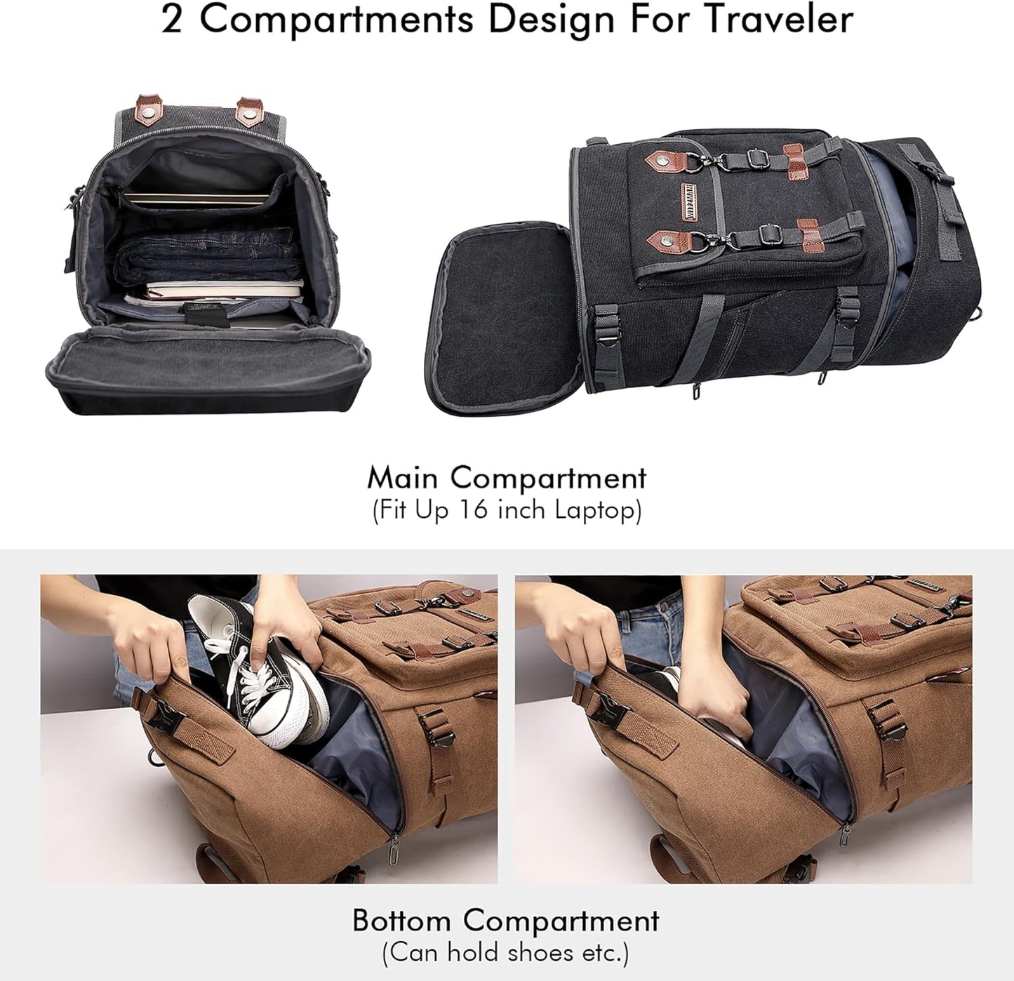 WITZMAN Travel Backpack for Men Women Canvas Backpack Carry on Luggage Rucksack Convertible Duffel Bag Large