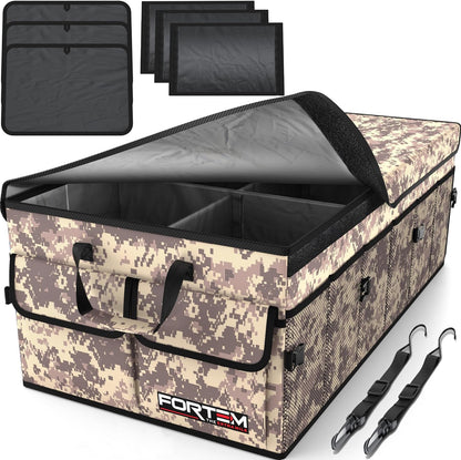 FORTEM Car Trunk Organizer, Collapsible Multi Compartment Car Organizer, Foldable SUV Storage for Car Accessories for Women Men, Non Slip Bottom, Securing Straps, Soft Cover 50L (Black, Standard)
