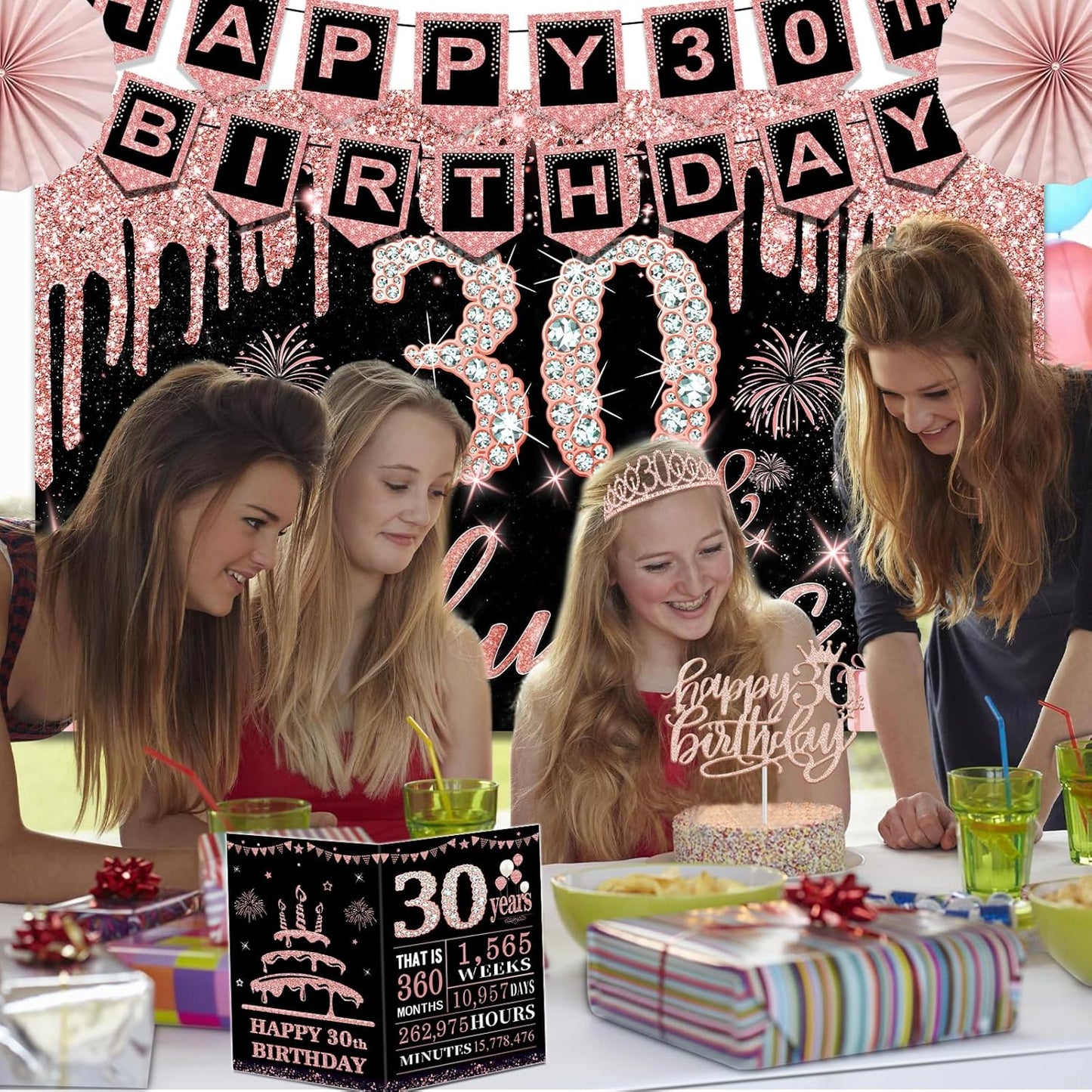 40th Birthday Decorations for Women,32pcs 40th Birthday Party Decorations,Including Backdrop, Crown,Sash,banner, Hanging Swirl,Cake Topper,balloons,Paper Fans,Anniversary Card and paper fans