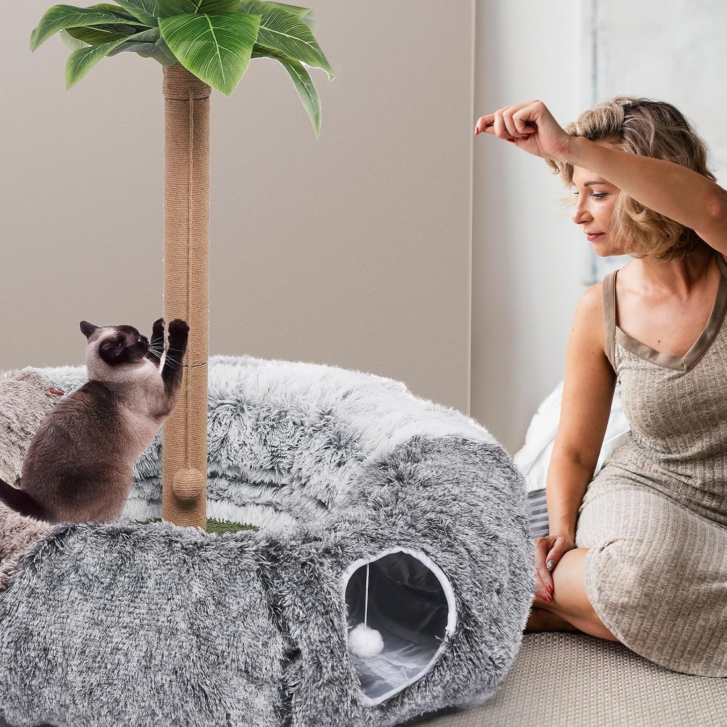 Odoland Extra Large Cat Tunnels for Indoor Cats, Fluffy Cat Bed with Toys | Collapsible Donut Cat Tube for Kittens,Small Animal Chewing Playing