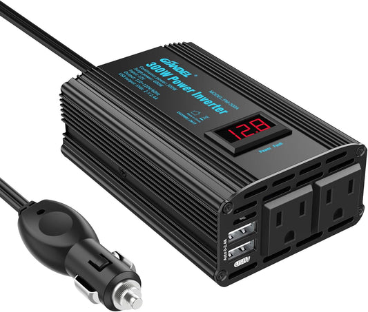 300W Power Inverter DC 12V to AC 120V Car Power Converter Adapter with 2x2.4A USB Ports and LED Display Dual AC Outlets【3YRS Warranty】 Black