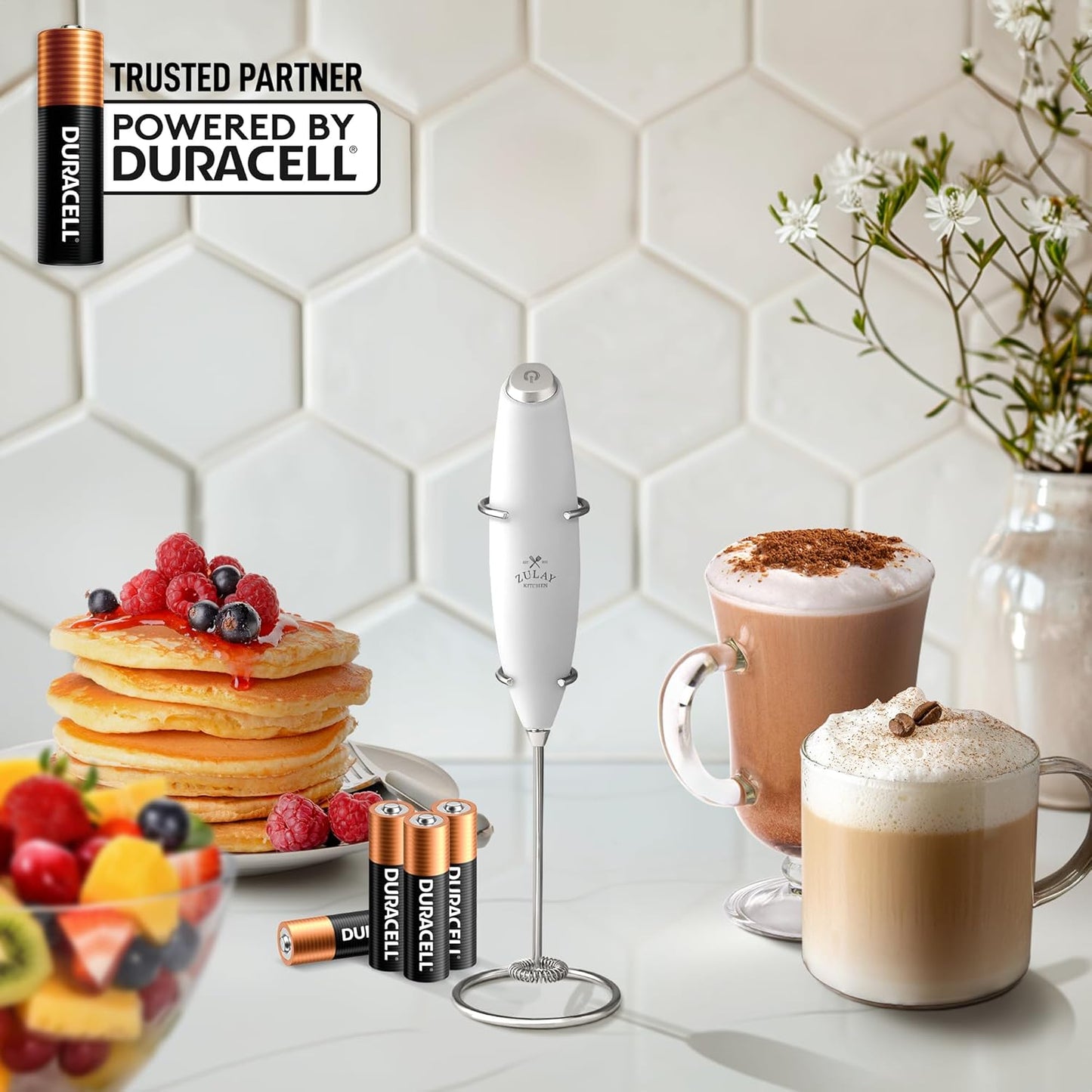 Zulay Kitchen Powerful Double Whisk Milk Frother Handheld - Foam Maker with Stand - Whisk Drink Mixer for Coffee, Mini Foamer for Latte, Matcha, Frappe, Hot Chocolate & Cappuccino (Black)