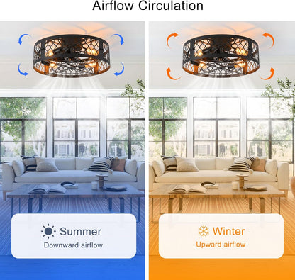 Garwarm Caged Low Profile Ceiling Fan with Lights and Remote, 20in Rustic Flush Mount Small Farmhouse Bladeless Ceiling Fan for Bedroom, Kitchen, Dining Room