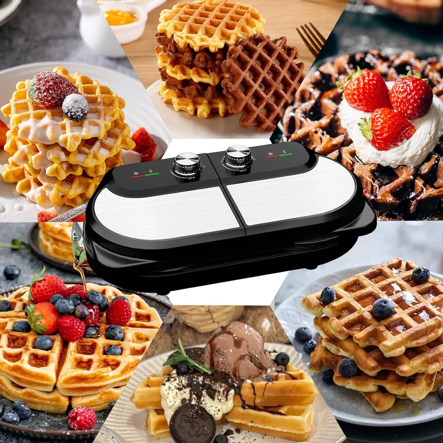 YASHE Double Waffle Maker 6 Inch, 1400W Belgian Waffle Maker for Breakfast and Snacks, Stainless Steel Waffle Iron with Nonstick Plates, Temperature Knob, Cool-Touch Handles - PuriLite