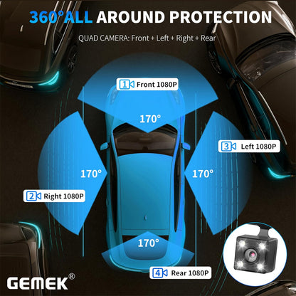 4 Channel Dash Cam 360° View 5G WiFi & APP Control, GEMEK 2K Front and Rear Inside, Left Right Dash Camera for Cars Free 64GB TF Card, G-Sensor, Night Vision, 24H Parking Mode