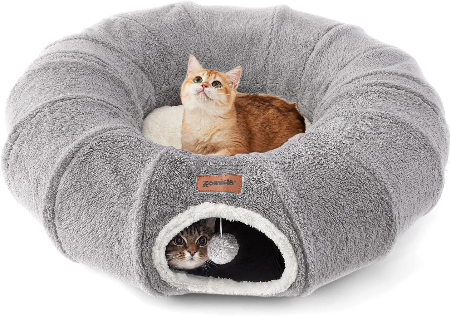 ZOMISIA Cat Tunnel Bed for Indoor Cats, Cute Cat Donut Toy Tunnel for Small Large Cats, Peekaboo Pet Cave Play Tunnel Toys for Kitten/Rabbit,Beige