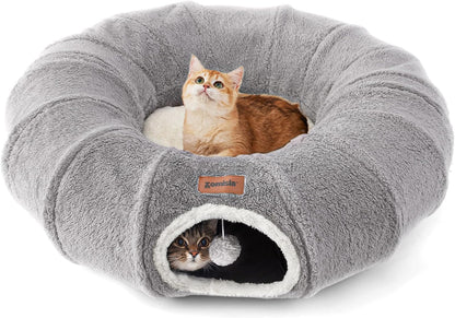 ZOMISIA Cat Tunnel Bed for Indoor Cats, Cute Cat Donut Toy Tunnel for Small Large Cats, Peekaboo Pet Cave Play Tunnel Toys for Kitten/Rabbit,Beige