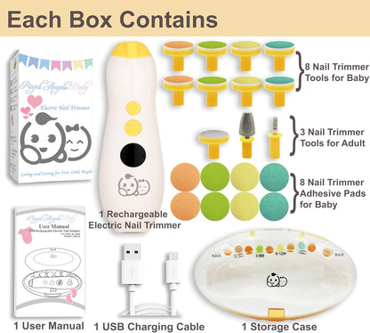 Royal Angels Rechargeable Baby Nail Clippers 20 in 1, Safe Electric Nail Trimmer, Baby Nail Kit, Additional Replacements, Newborn Toddler Toes and Fingernails, Trim and Polish (Rechargeable, Snow)